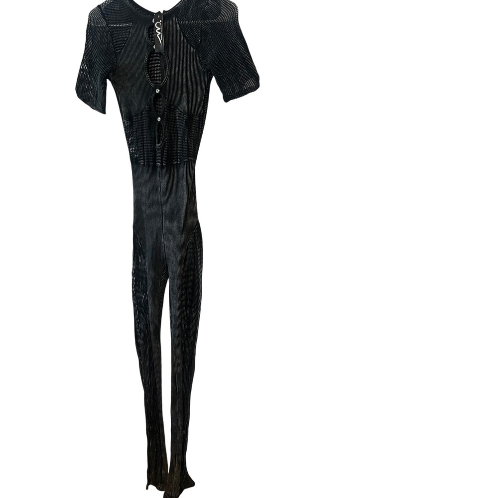Mutual Attractions Acid Wash Catsuit Cutout Mesh Rhinestone Black Size Small NWT